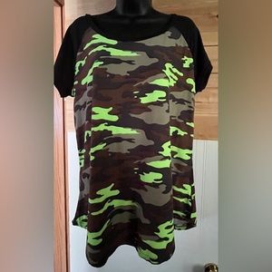 Camouflage top with lime green, black, olive